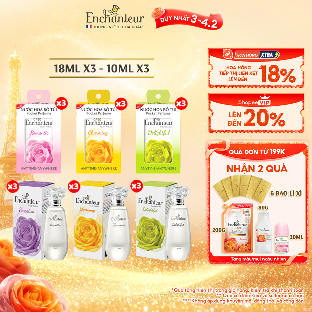 Combo 3 Nước hoa bỏ túi EDT Enchanteur 10ml / 18ml - lưu hương dài lâu, đạt chứng nhận Safe Perfume 