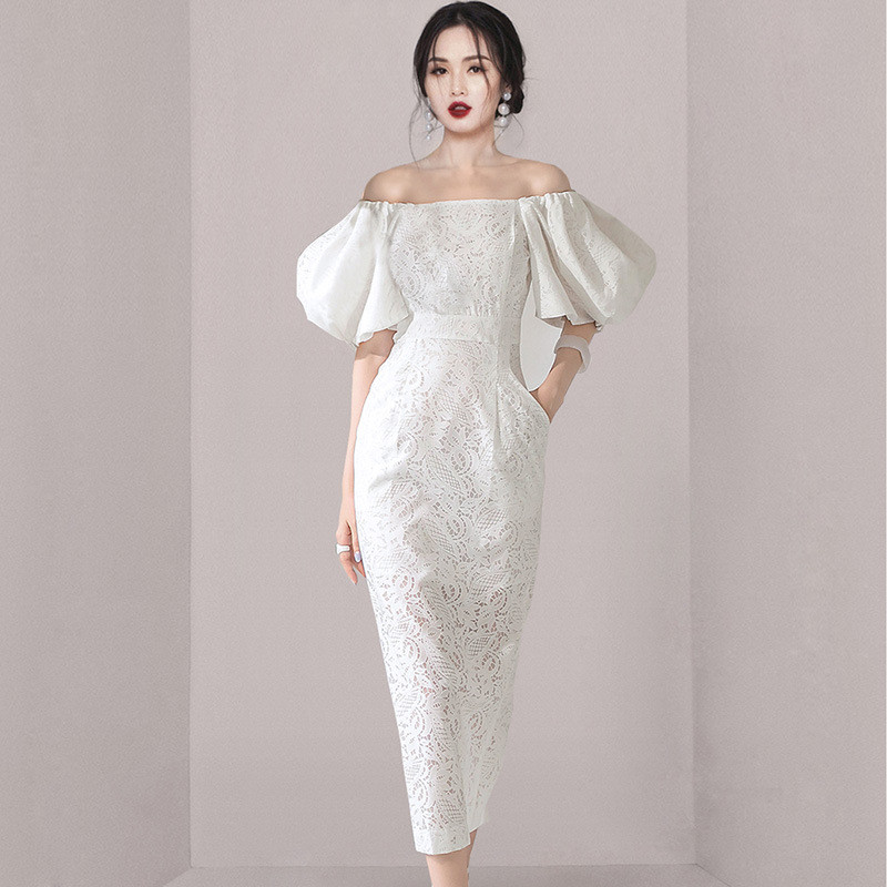 French-style off-shoulder dress, summer elegant socialite style, sexy off-shoulder white long dress 