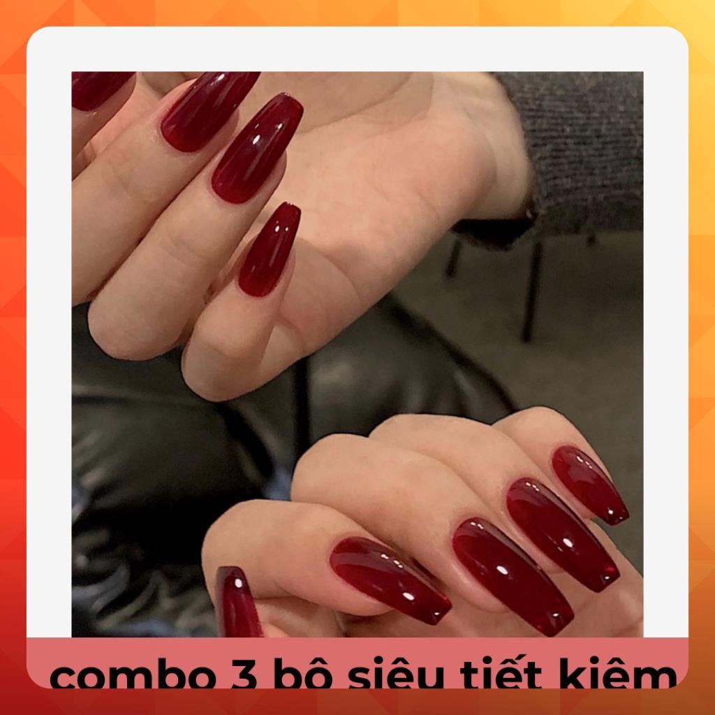 Móng Tay Giả Form Coffin Màu Đỏ Xuneoshop Kèm Miếng Dán