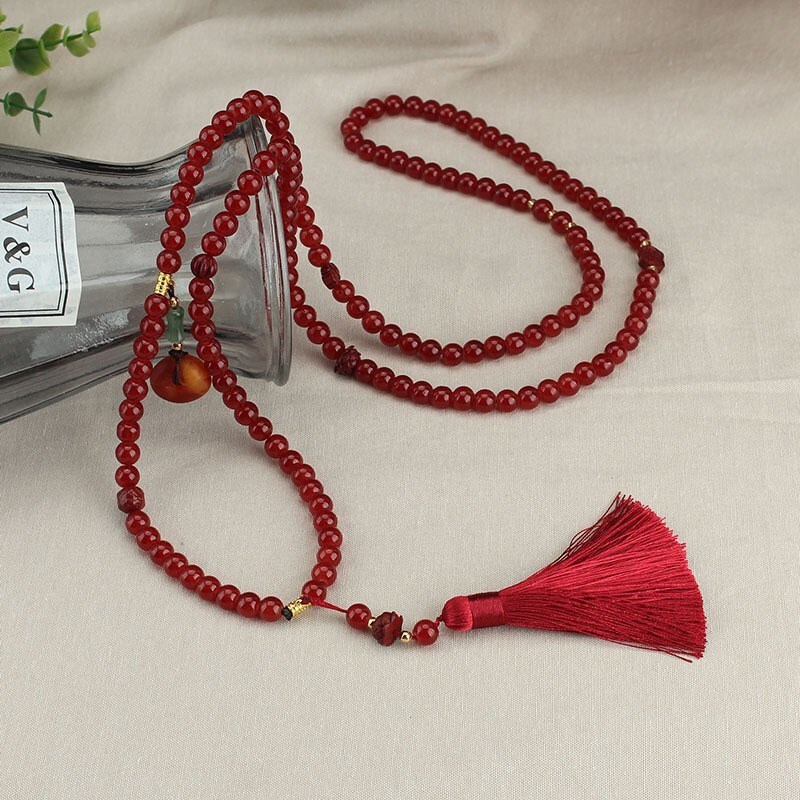 Dây chuyền đeo chéo mã não dài 108 hạt phong cách Trung Quốc 108