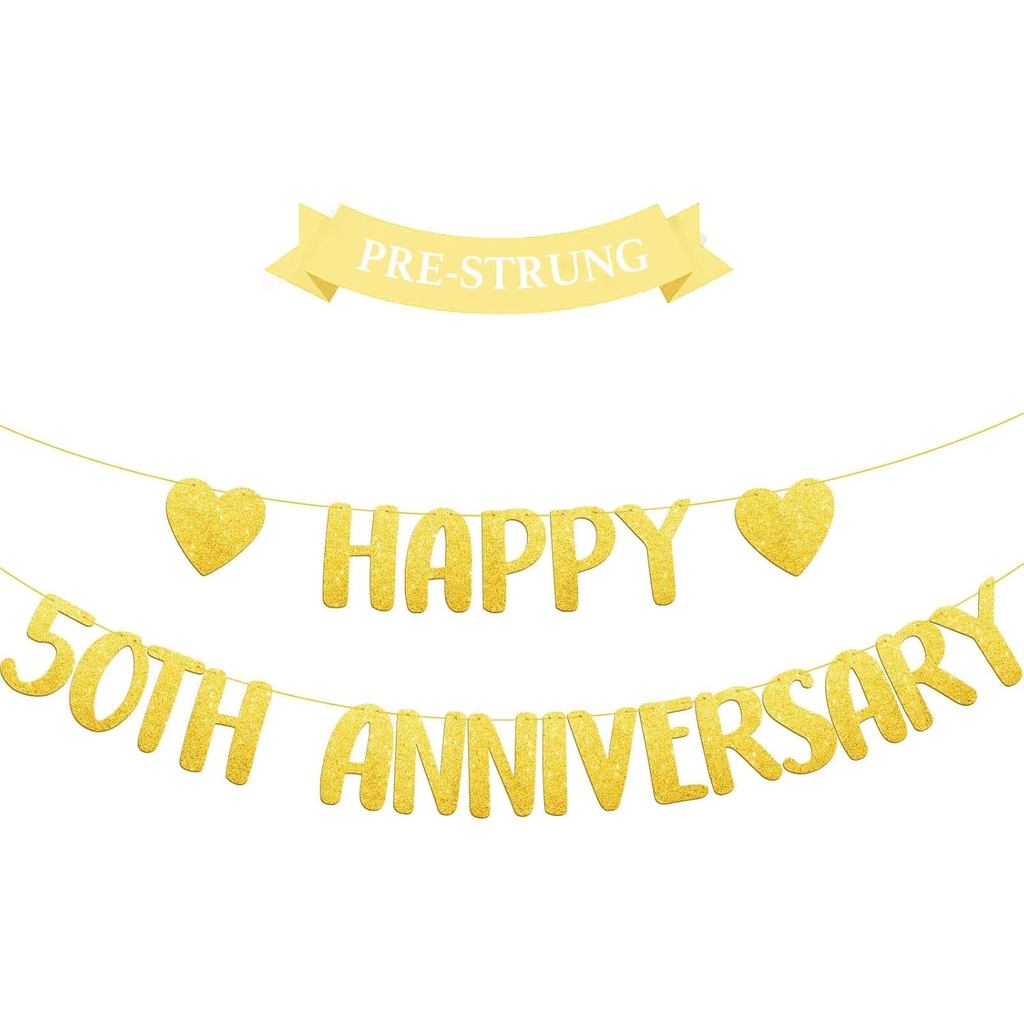 Pre-string 50th Anniversary Banner Trang trí Gold Glitter Happy 50th Anniversary Trang trí