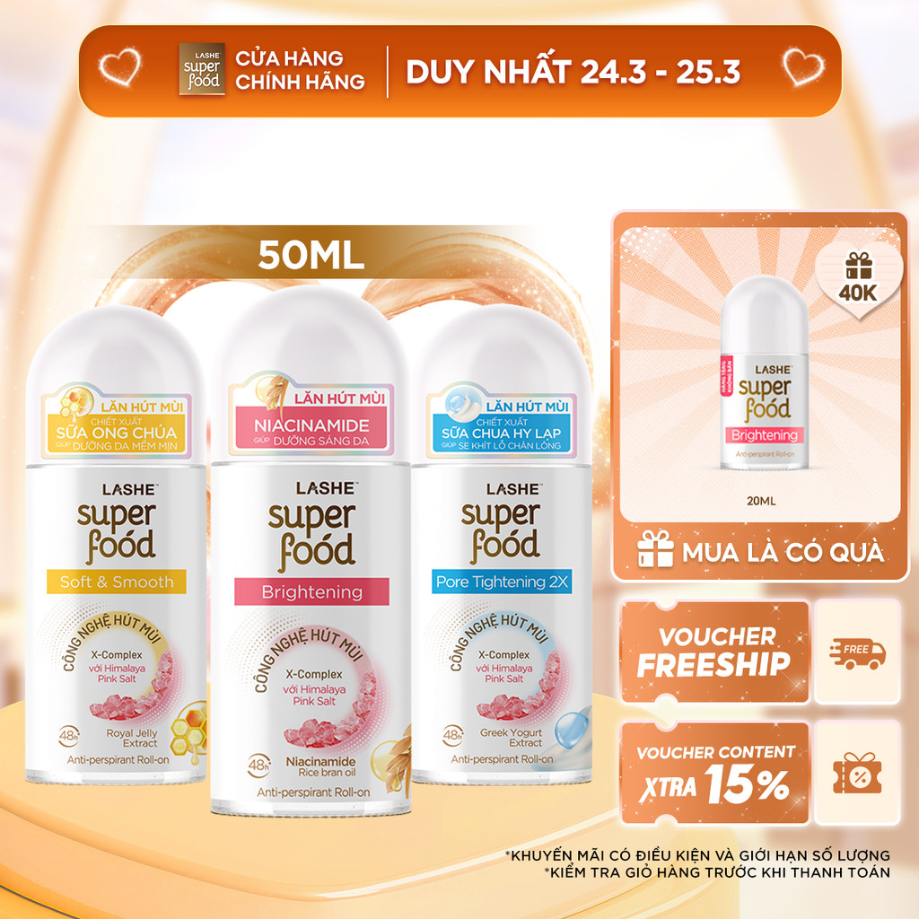 Lăn Hút Mùi LASHE SUPERFOOD Dưỡng Sáng Da / Se Khít Lỗ Chân Lông / Dưỡng Da Mềm Mịn 50ML