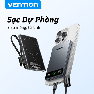 【Hàng mới 2026】Vention 5000mAh – Sạc dự phòng không dây từ tính siêu mỏng 15W, Màn hình TFT, Tương thích iPhone, Xám đậm