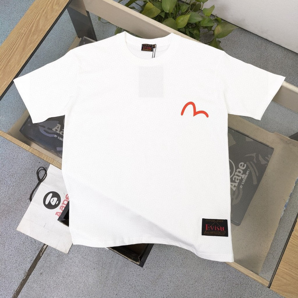 Áo sơ mi EVISU cổ tròn ngắn tay nam nữ, phong cách thể thao, đáy tay raglan, thời thượng đầu xuân