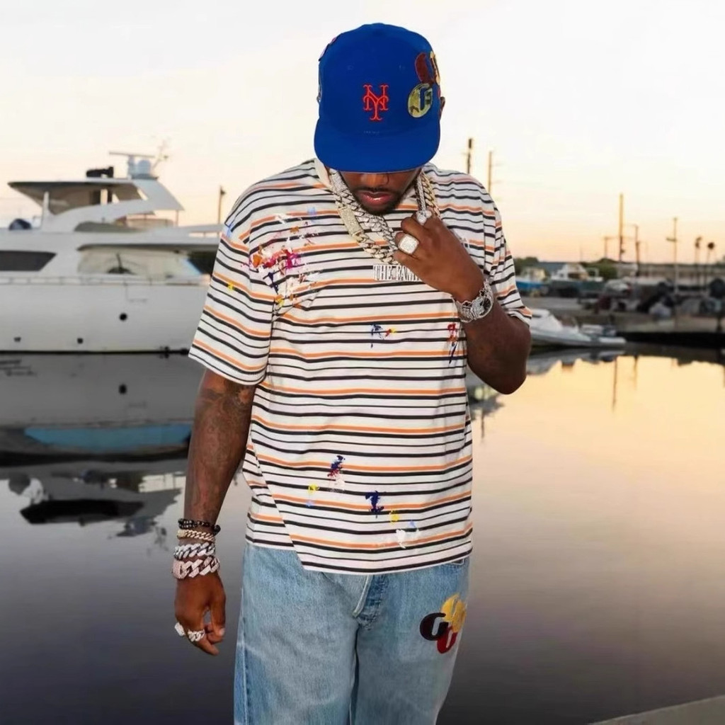 Z1IJ GALLERY DEPT Hand-painted letter print striped short-sleeve loose-fit round-neck couple's t-shi