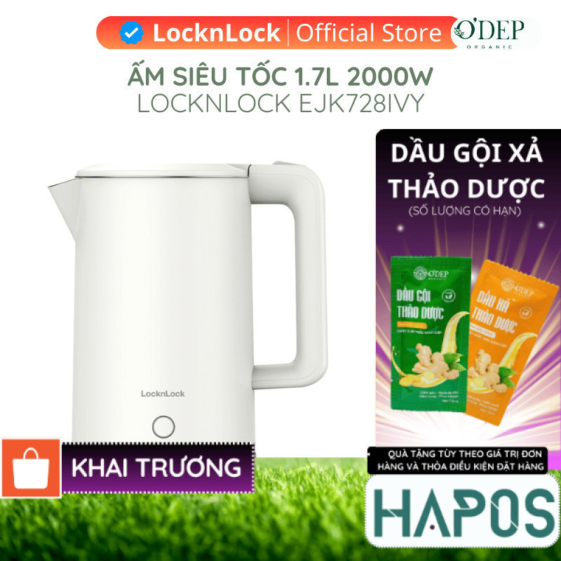 Ấm đun siêu tốc LocknLock EJK728IVY 1.7L 1850-2200W, Hàng chính hãng, Nút kéo mở nắp - HAPOS HSA