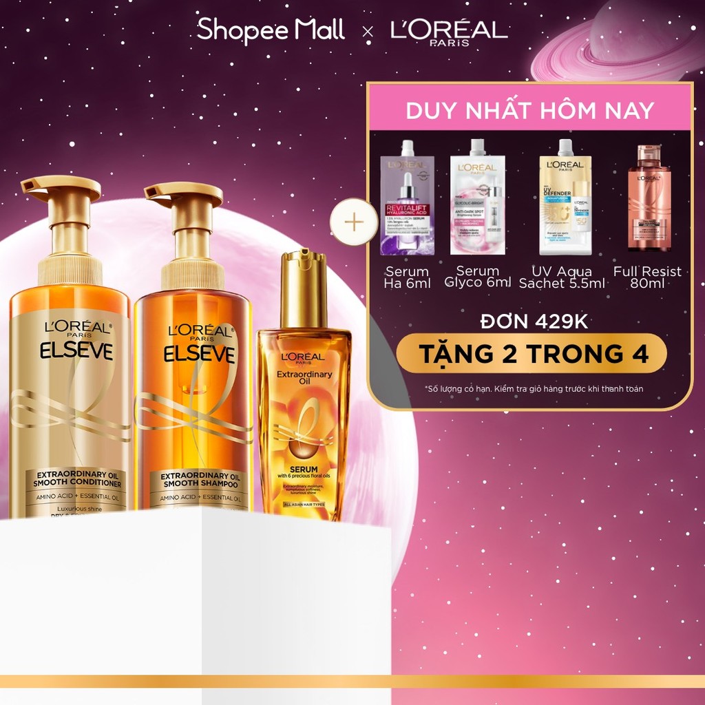 Bộ gội xả dưỡng tóc suôn mượt tóc cao cấp L'Oreal Paris Sleek 440ml x2 & Dầu dưỡng chiết xuất tinh d