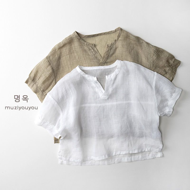 Mỏng Như Cicada Wings Phiên Bản Hàn Quốc Trẻ Em Ramie Nguyên Chất Màu Trơn Áo Sơ Mi Tay Ngắn Nam Nữ 