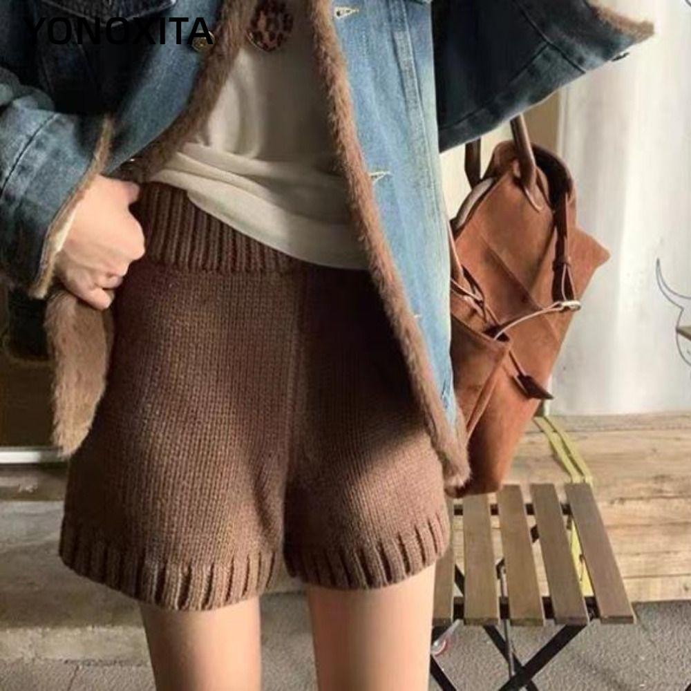 Quần Short Dệt Kim YONOXITA Cạp Cao Just-Above-Knee, Thiết Kế Chữ A Thích Hợp Mặc Hàng Ngày Thu Đông