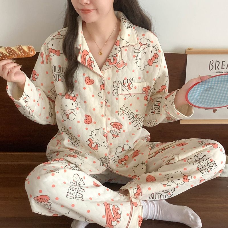 nightgowns winter pajamas Bộ Đồ Ngủ Two-Piece Hello Kitty Cho Học Sinh Thu Đông, Air Cotton Ngọt Ngà