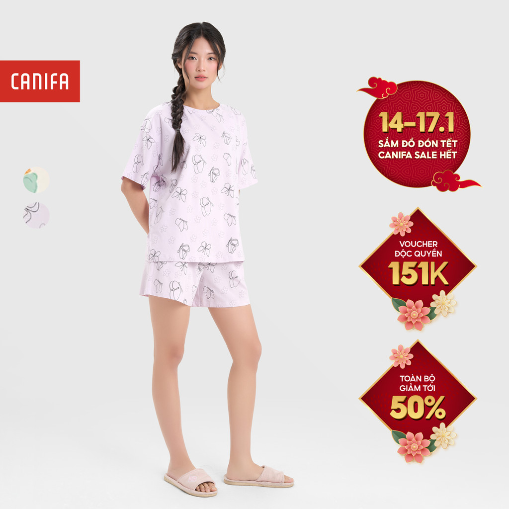 Bộ mặc nhà nữ CANIFA áo thun cộc tay cổ tròn quần short hoạ tiết 6LS25S006