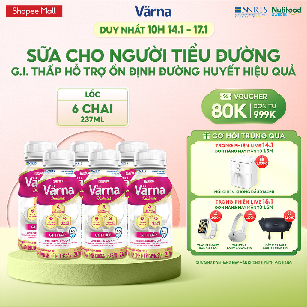 Lốc 6 chai sữa bột pha sẵn Varna Complete/Diabetes chai 237ml - Phòng ngừa & Phục hồi nhanh - Varna