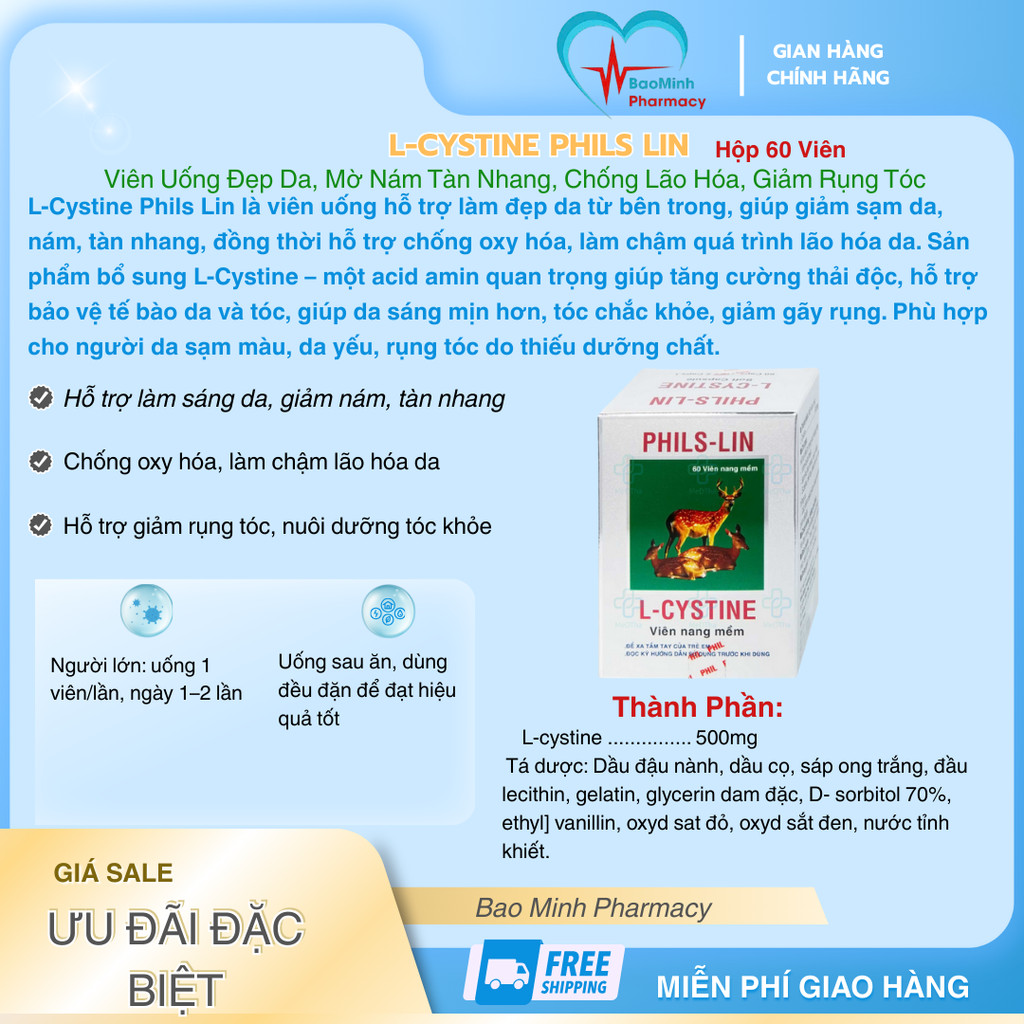 L-Cystine Phils Lin – Viên Uống Đẹp Da, Mờ Nám Tàn Nhang, Chống Lão Hóa, Giảm Rụng Tóc (Hộp 60 Viên)