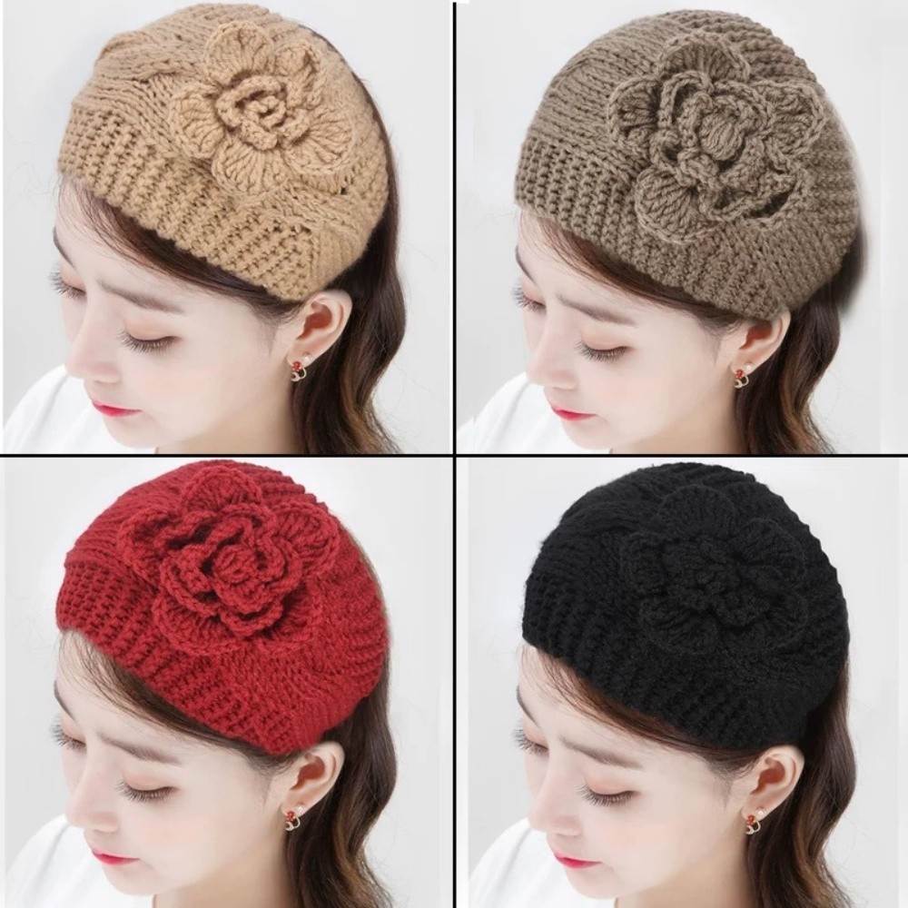 Handmade Knitted Wool Headband with Floral for Women Washing Face  Head Covering