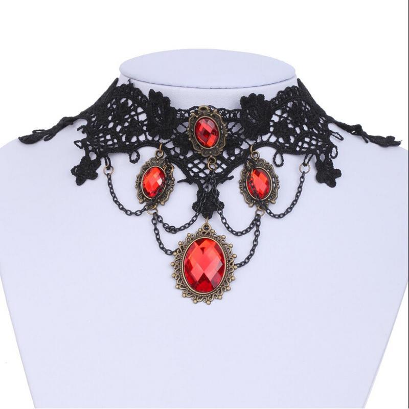 [Boutique1] Chuột qua hình ảnh để zoom Hot-Ornate-Lace-Collar-Red-Crystal-Chain-Pendant-Nelace-Prom-