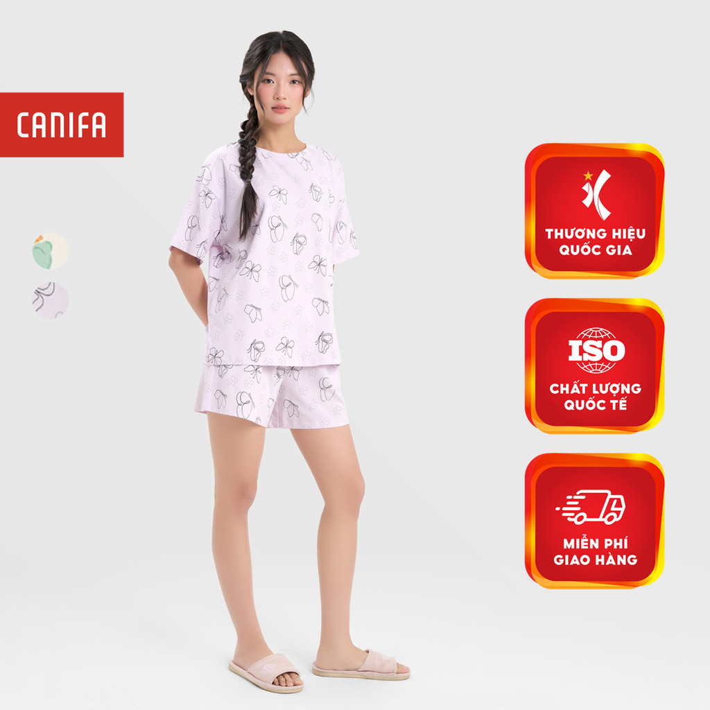 Bộ mặc nhà nữ áo cộc tay quần đùi hoạ tiết CANIFA 6LS25S006