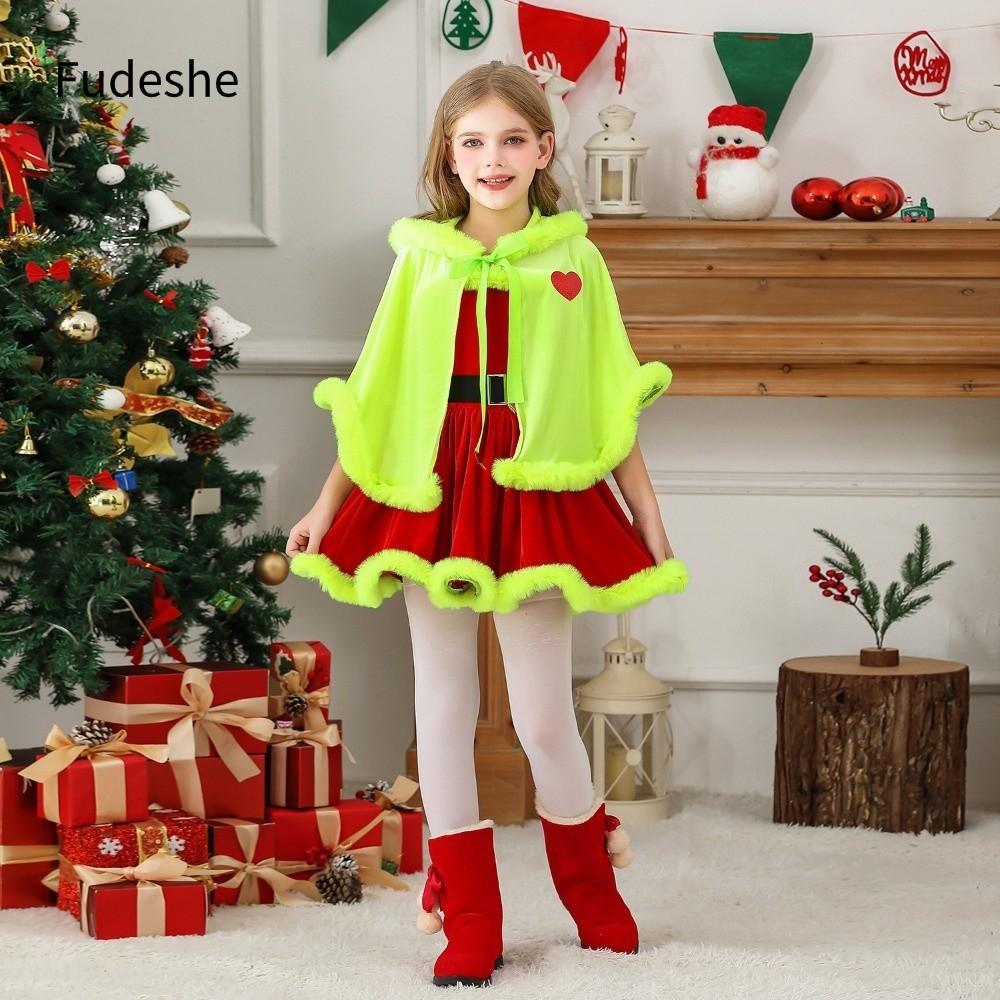FUDESHE Trang phục yêu tinh Giáng sinh, Váy lạ mắt cho bé gái Bộ đồ Giáng sinh Grinch Áo choàng Tank