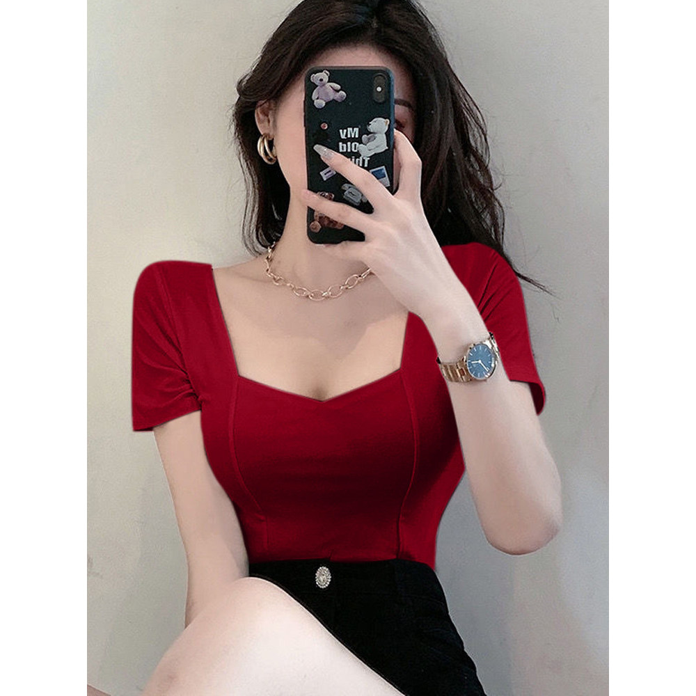 áo kiểu nữ sexy cá tính Áo thun ngắn tay bó sát xương đòn cổ vuông gợi cảm mùa hè
