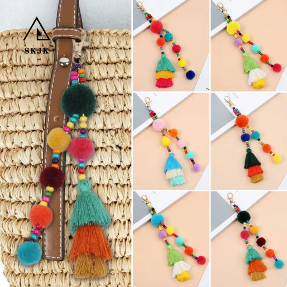 Móc khóa phong cách SKJK Boho, Pom Pom Boho Style Boho Style Hair Ball Tua Rua Móc khóa, Giá đỡ chìa