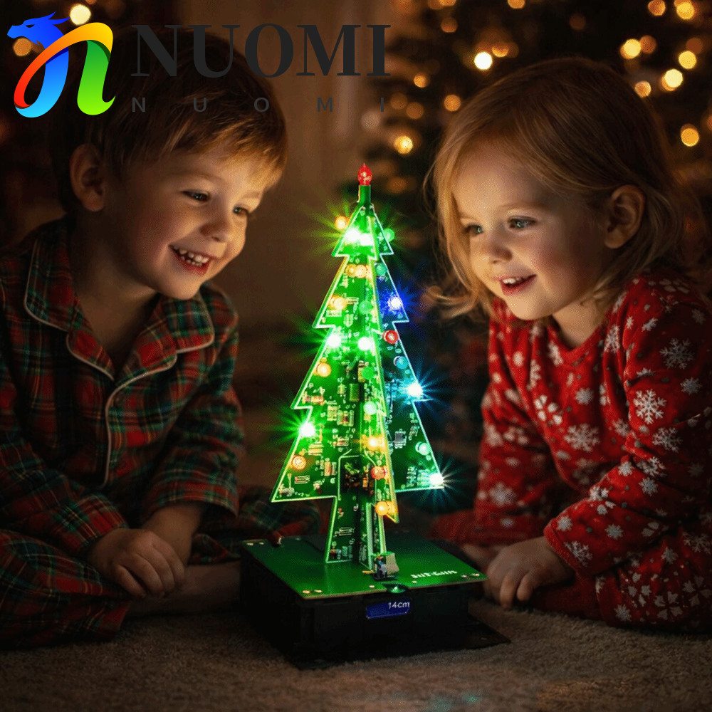 NUOMI LED Đồ chơi nhấp nháy cây thông Noel, Đèn LED màu đỏ xanh vàng vàng Thiết kế ba chiều Bộ cây t