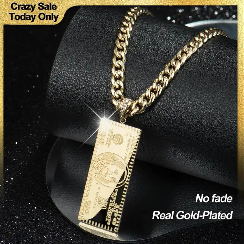 Vòng cổ đô la mạ vàng 14K, thiết kế tiền mini hai mặt, dây 24", phù hợp làm quà tặng hip hop