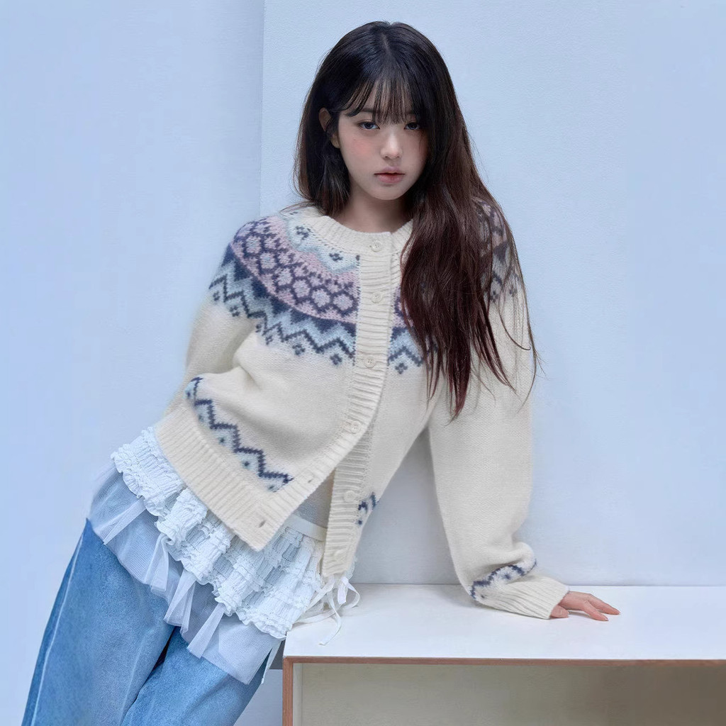 Rolarola Jang Won-young's same style Korean niche fashion brand jacquard Fair Isle knitted sweater b