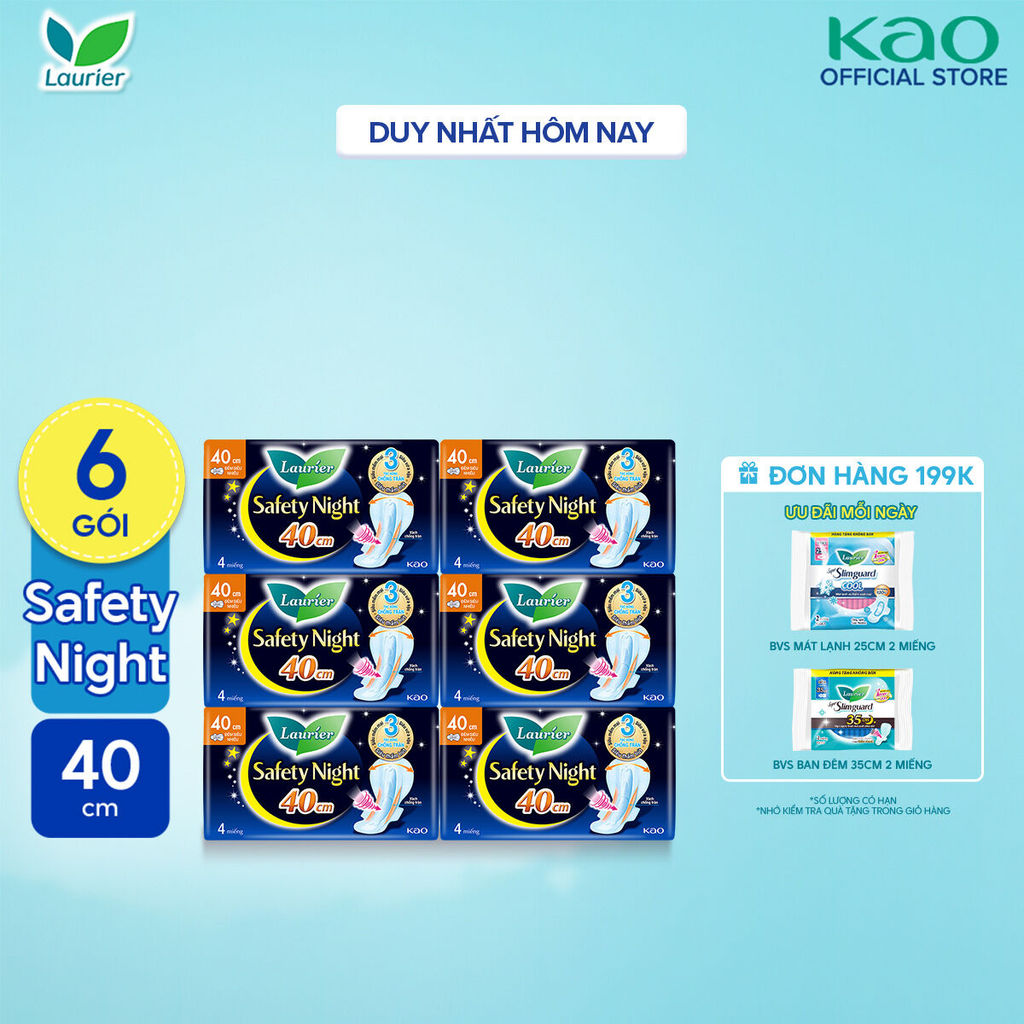 Combo 6 gói Băng vệ sinh Laurier Safety Night Đêm Siêu An Toàn 40cm 4 miếng