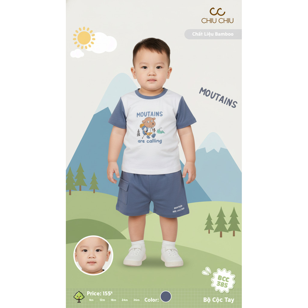 Bộ đồ trẻ em bé trai – Set áo quần cộc tay Bamboo mềm mịn in hình gấu – Bé 9-36 tháng