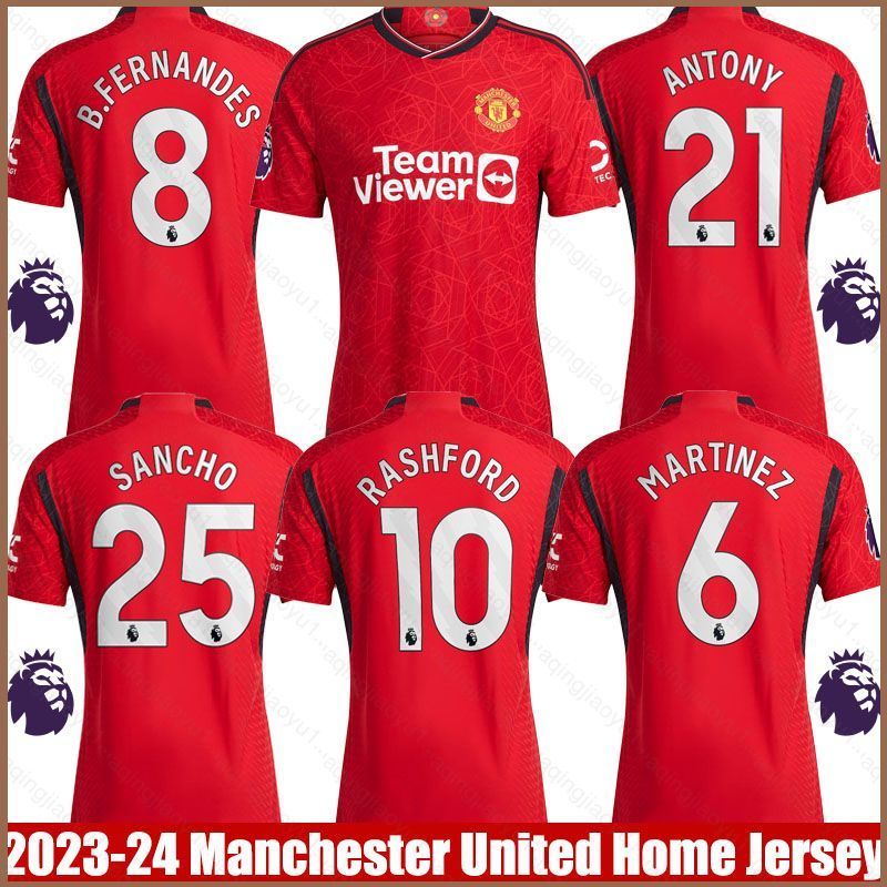 Áo bóng đá Manchester United 2023-2024 cho các cầu thủ Sancho, Martinez, Antony, Fernandes và Rashfo