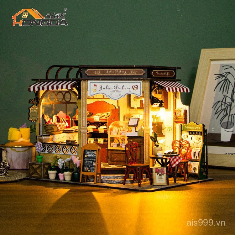 KZFO [Cash commodity and quick delivery]Bakery Handmade diy Wooden Architectural Model Bakery Simula
