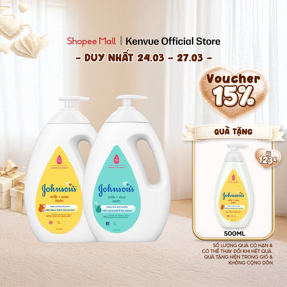 Bộ 2 chai Sữa tắm cho bé Johnson's Baby chiết xuất từ sữa và gạo/yến mạch giúp tăng đề kháng và bảo vệ da bé 1000mlx2