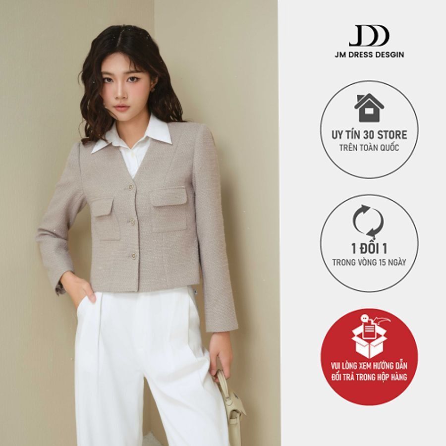Áo khoác tweed cổ V 2 túi ốp có nắp 5T06.2411TW thiết kế bởi JM Dress Design