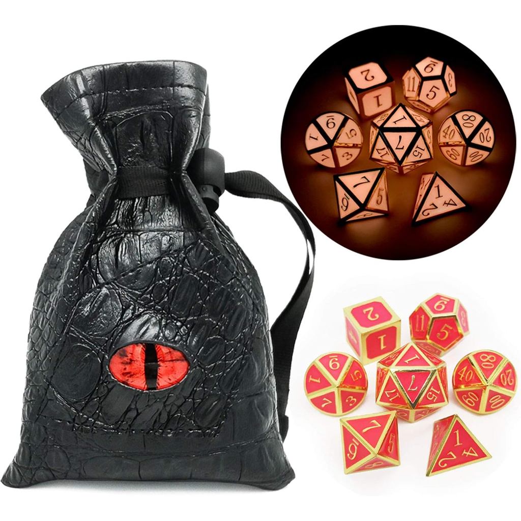 Haxtec Glow in The Dark Metal DND Dice Set Gold Pink D & D Dice Tương thích với Dungeons và Dragons-