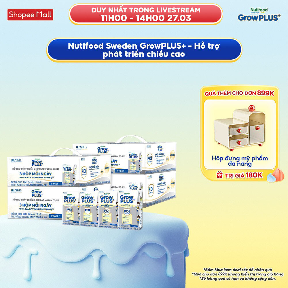 Combo 4 Thùng 24 hộp Sữa Bột Pha Sẵn Nutifood Sweden GrowPLUS+ Cao lớn vượt trội hộp 110 ml