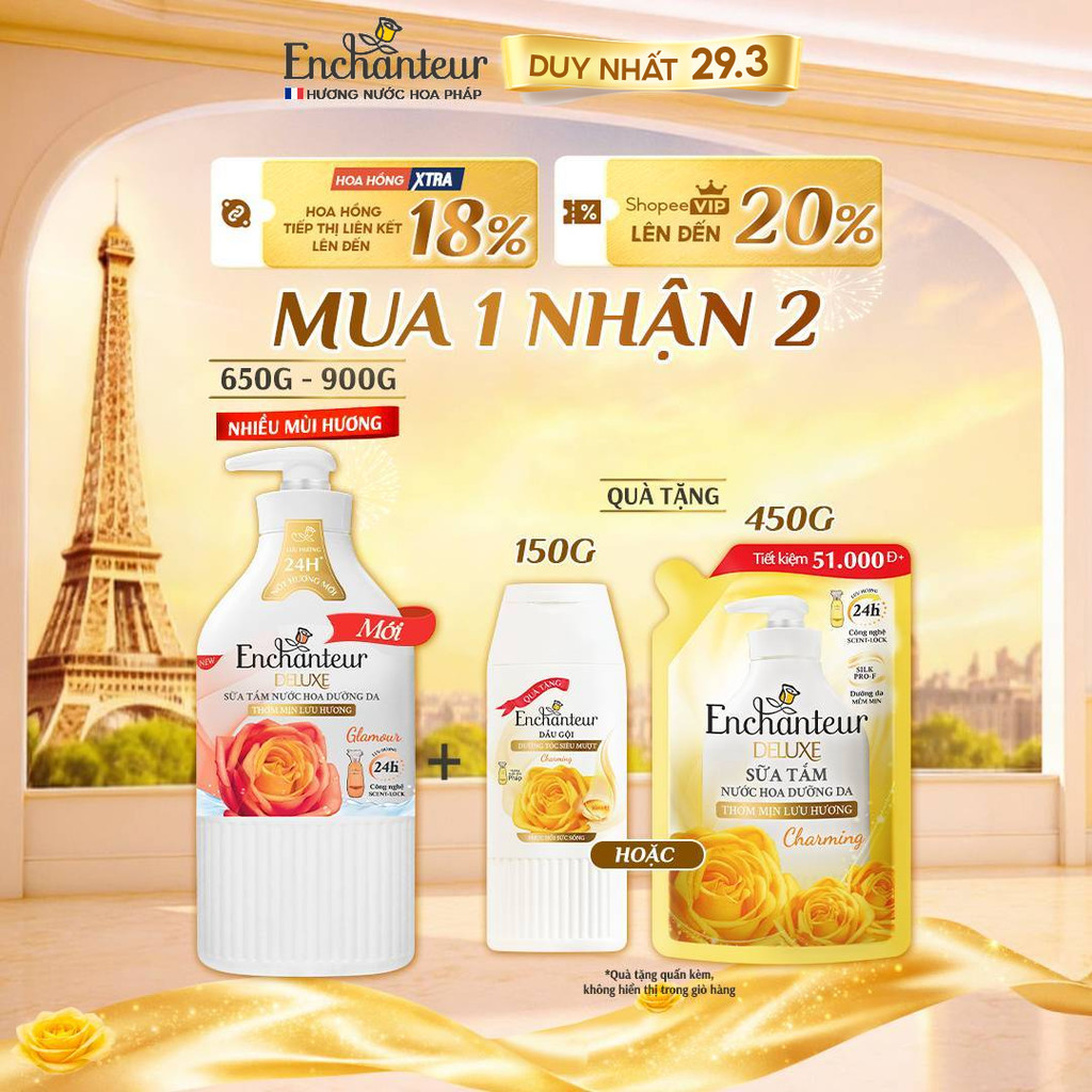 [TẶNG Chai 150g/Túi 450g] Sữa tắm hương nước hoa Pháp Enchanteur Deluxe 650g /900g (Tặng mùi ngẫu nh