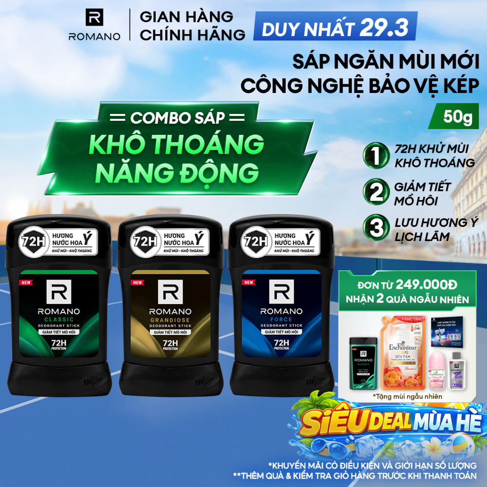 Sáp ngăn mùi cho nam Romano 50g - Khử mùi 72H, lưu hương Ý dài lâu