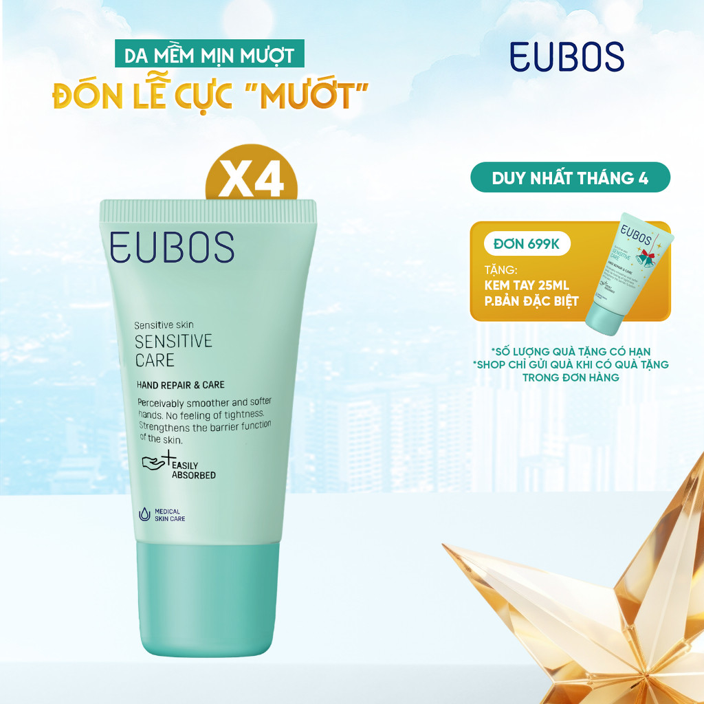 COMBO 4 Kem Dưỡng Da Tay và Móng EUBOS Giúp Mềm Mịn, Dưỡng Ẩm An Toàn Cho Da Nhạy Cảm Tuýp 25ml x4