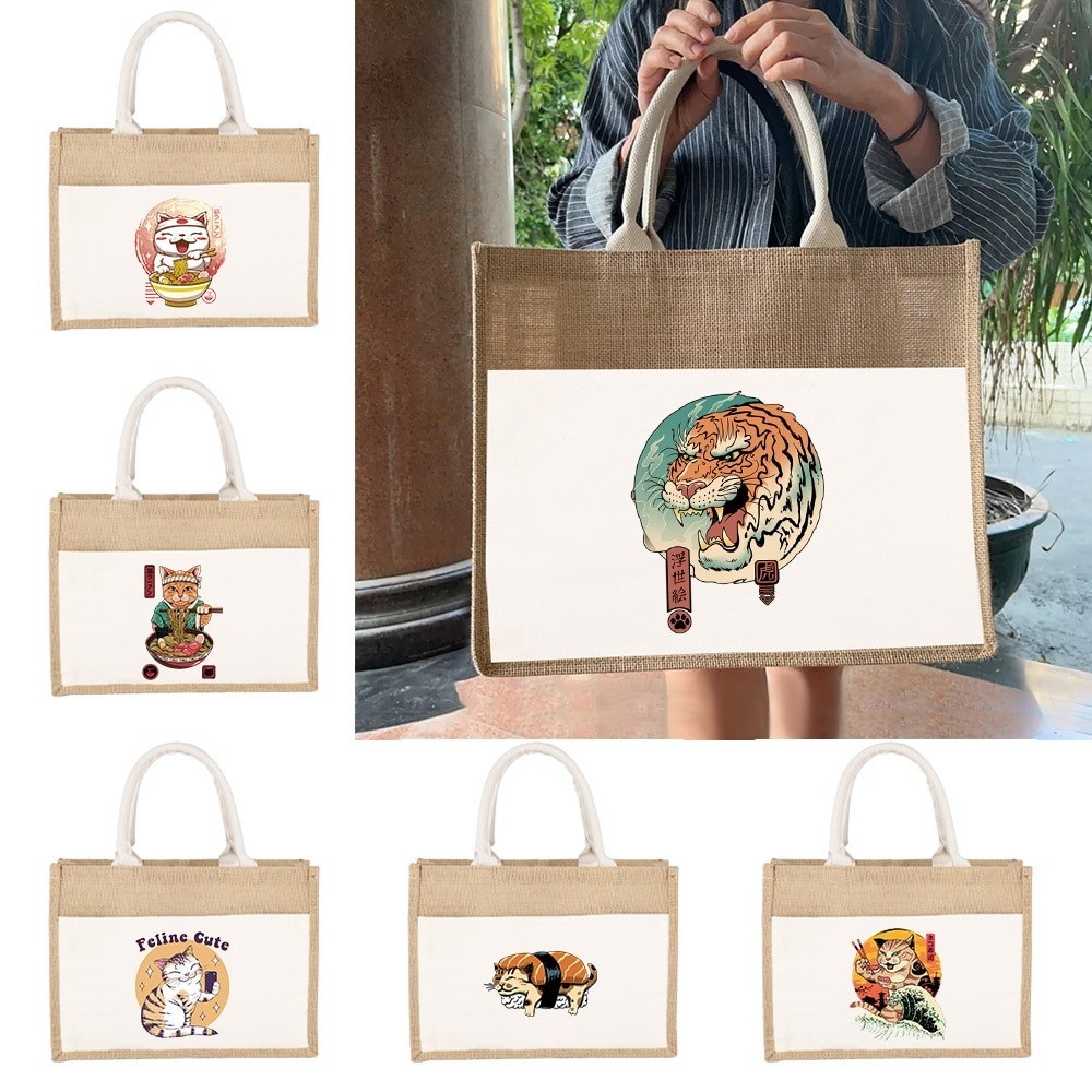Jute Bag Tote Folding Pouch Handbags Travel Grocery Bag Picnic Bag Storage Bag Japanese Style Animal