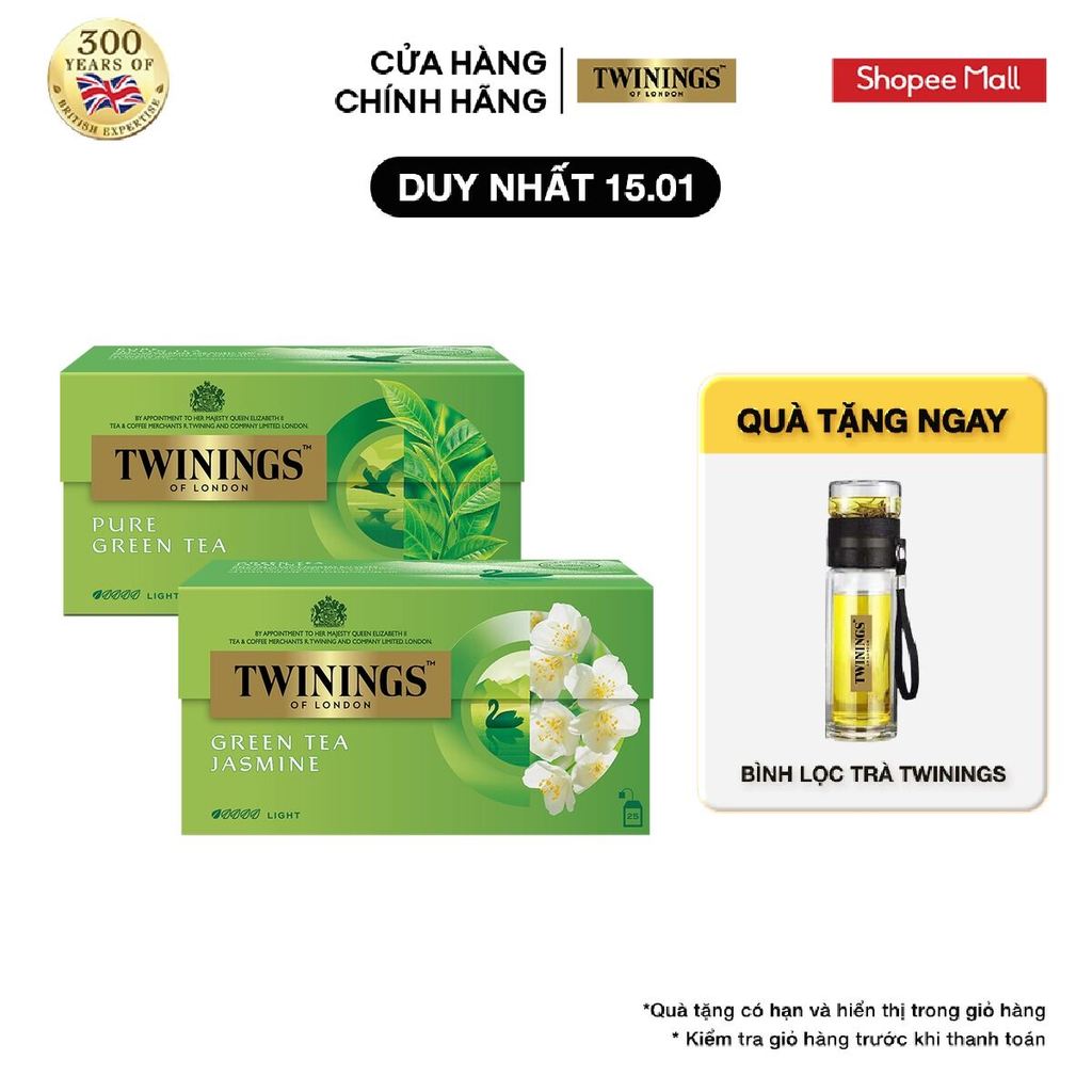 Combo 2 Trà xanh Túi Lọc Twinings Hộp 25 Gói 1.8G và Trà xanh Túi Lọc Hương Hoa Nhài Twinings - Hộp 