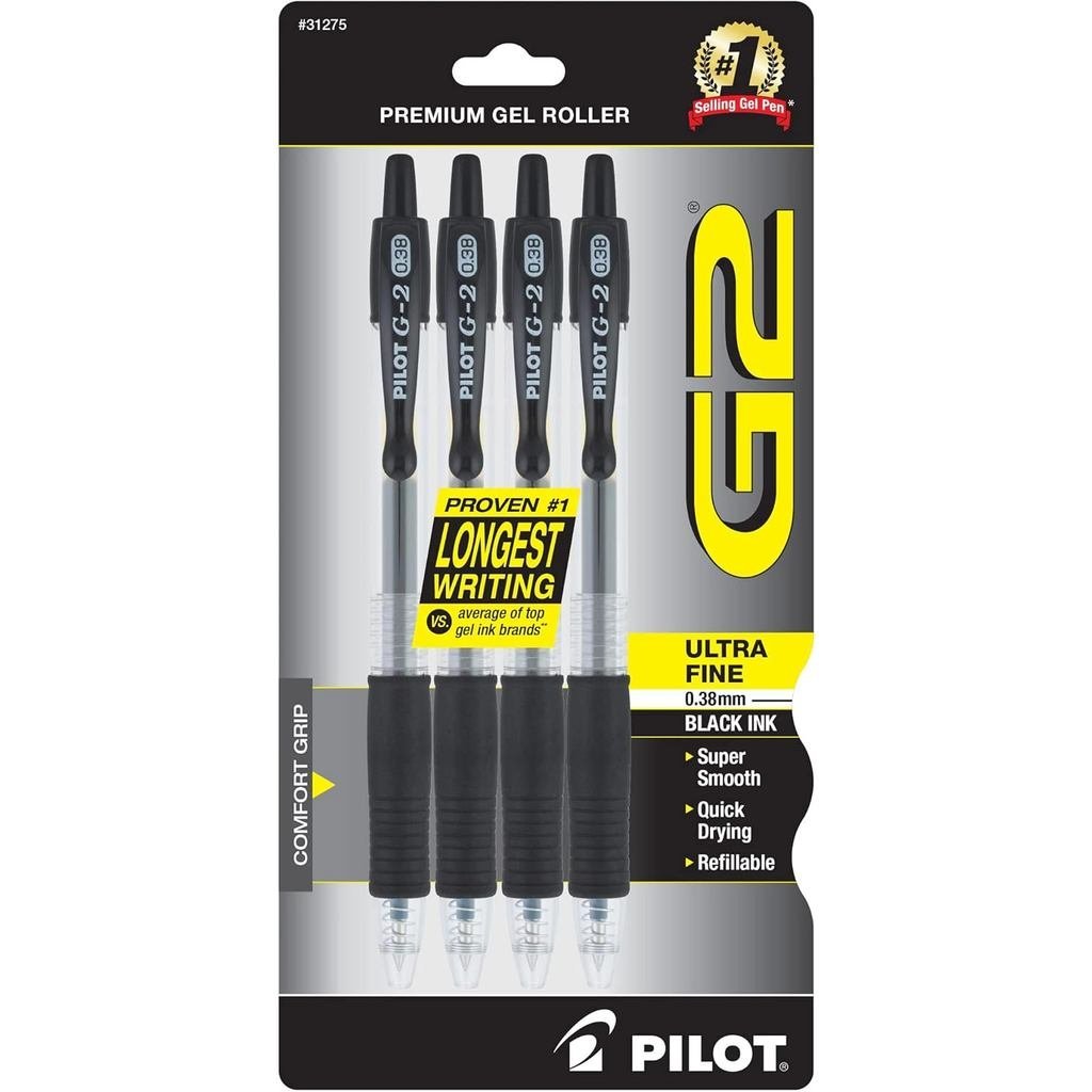 Pilot, Bút lăn gel cao cấp G2, Bút gel siêu mịn 0,38 mm, Gói 4, Đen