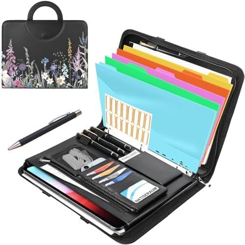 Portfolio Binder 3 Ring Bao gồm bút và 5 ngăn với 10 túi, Dụng cụ sắp xếp Padfolio có khóa kéo cho n