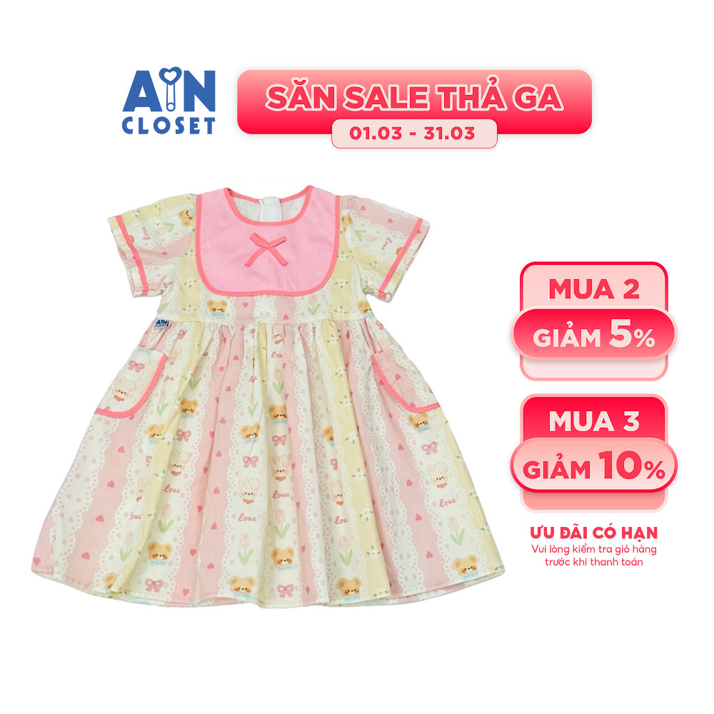 Đầm bé gái hoạ tiết Gấu Thỏ Hồng Cotton - AICDBGWIBKER - AIN Closet