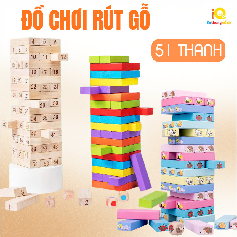 Đồ Chơi Rút Gỗ 51 Thanh Cho Bé - Gỗ Nhiều Màu, Số, Con Vật Kèm Xúc Xắc Phát Triển Tư Duy