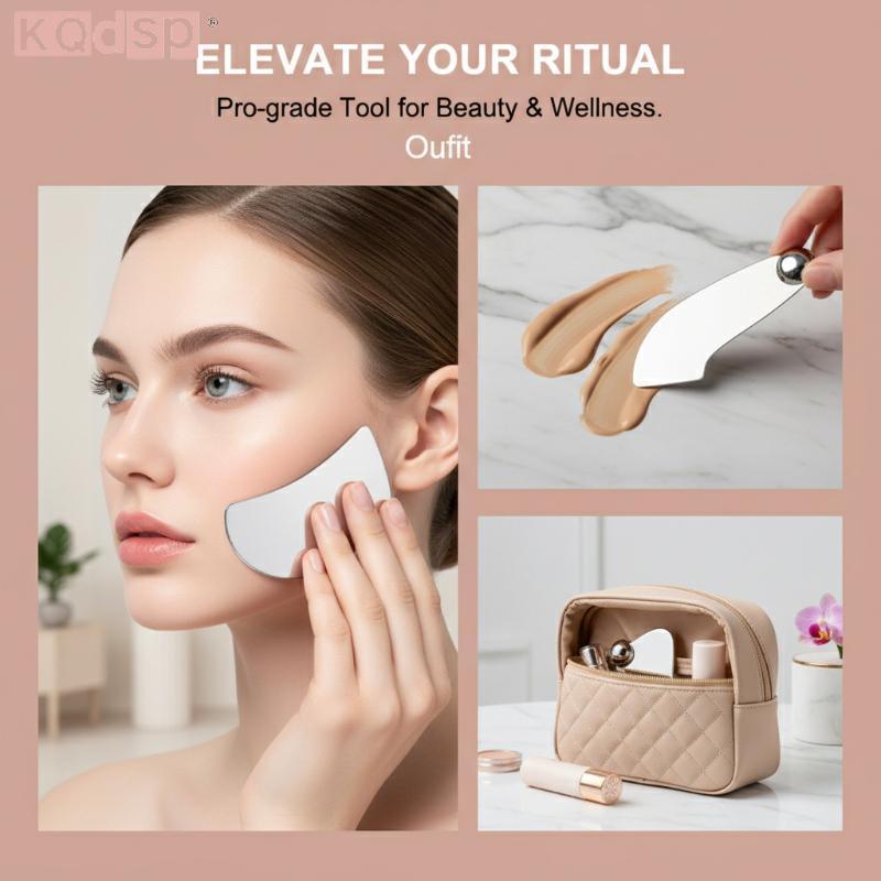 KQdsp Thép không gỉ Guasha Cạp Có Túi Da Pu Thìa Kim Loại Máy Mát Xa Mặt Làm Đẹp Da Mặt Dụng Cụ Chăm