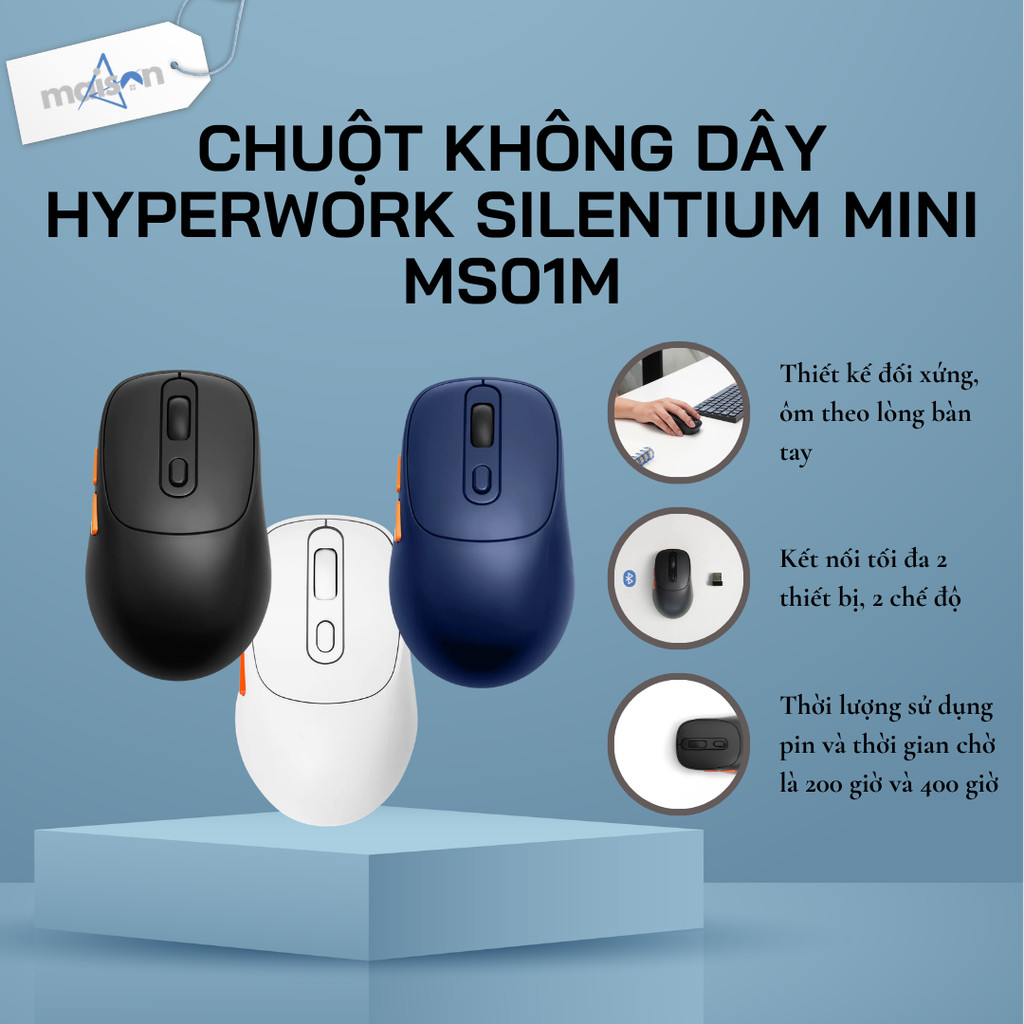 Chuột không dây HyperWork Silentium Mini MS01M | Đen Trắng Xanh Dương - Bảo Hành 12 Tháng