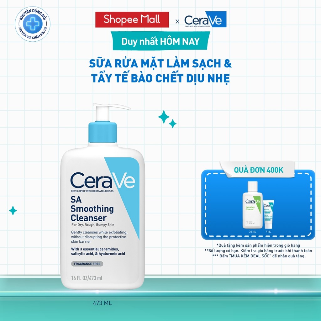 Sữa rửa mặt làm sạch da, loại bỏ dầu thừa và tẩy tế bào chết dịu nhẹ không gây khô da CeraVe SA Smoo