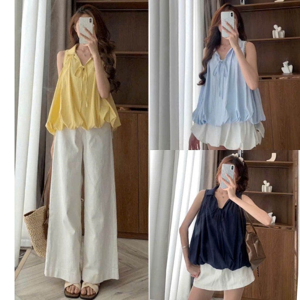 Áo sơ mi kiểu A.761, Áo bí 2 lớp sát nách cổ đức buộc nơ dáng bồng phong cách thanh lịch - Shop Chấm