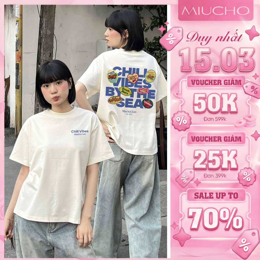 Áo Thun Boxy MIUCHO Chill Vibes 2 chiều Thoáng Mát Tay Ngắn Cổ Tròn Đứng Form In Mix 2104