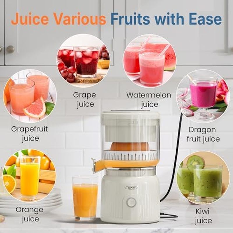 Máy ép trái cây cam quýt điện Sunvivi, Máy ép trái cây tự động 90W, tốc độ cao 15.000 vòng / phút, Thích hợp cho trái cây màu cam, chanh và mềm, Thiết kế nhỏ gọn, Dễ lau chùi, Có bàn chải làm sạch, Trắng.