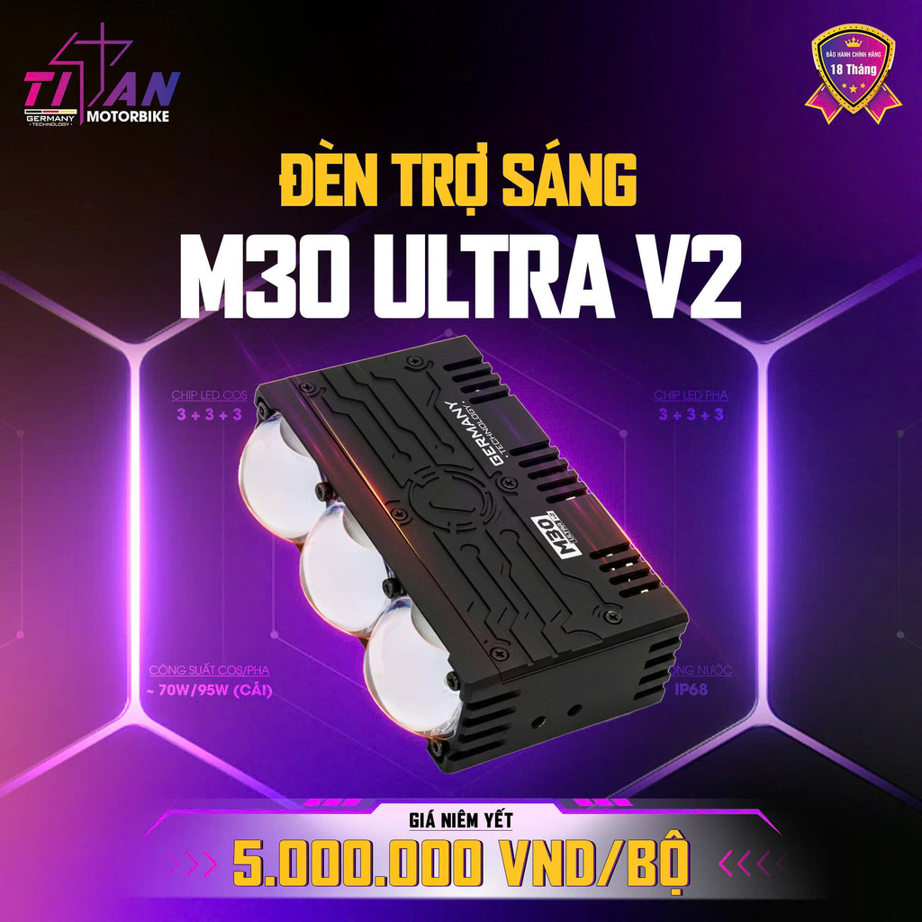 M30 Ultra V2, Đèn Trợ Sáng Titan M30 Ultra V2 Sáng Mịn Bám Đường Tốt , Chống Nước IP68 - BH 18 Tháng